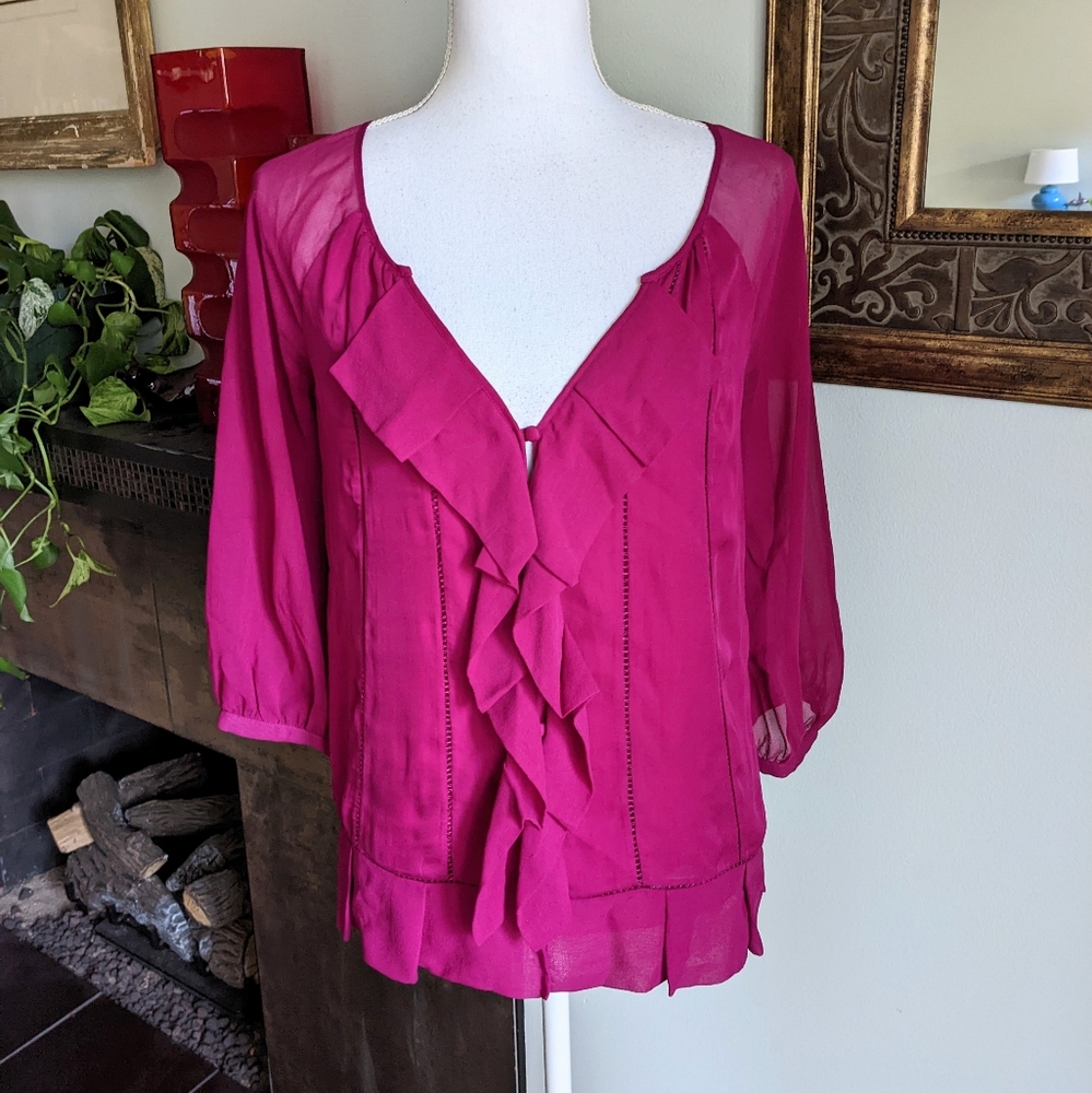 Diane Von Furstenberg Women's 4 Marla Silk Blouse Ruffle Neckline Berry Pink 114